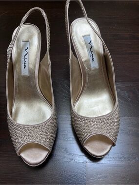 Nina gold Crystal Slingback Peep-Toe Heels